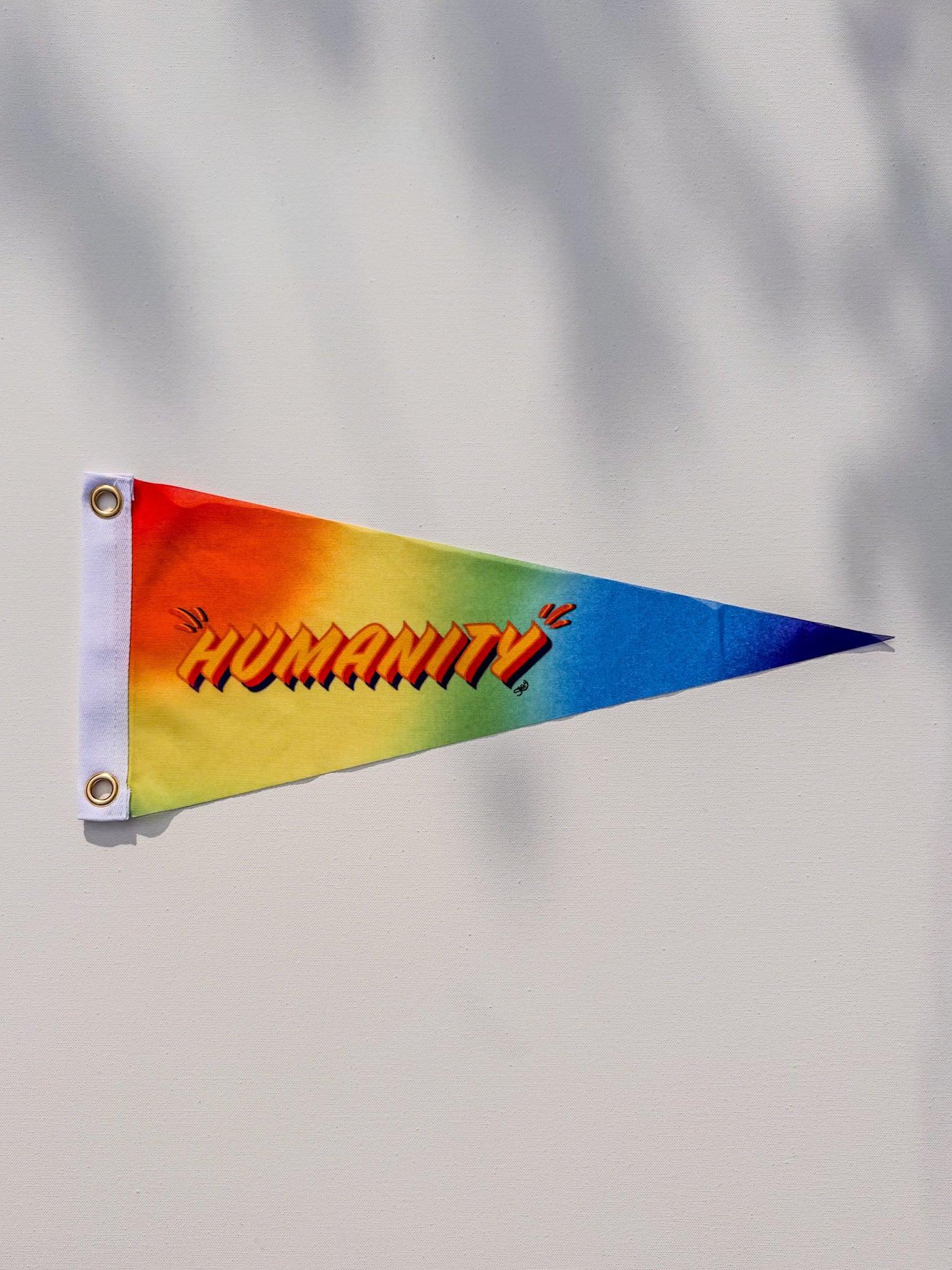 Colourful pennant flag with 'Humanity' text on a plain background. Design and copyright by Stoofy.
