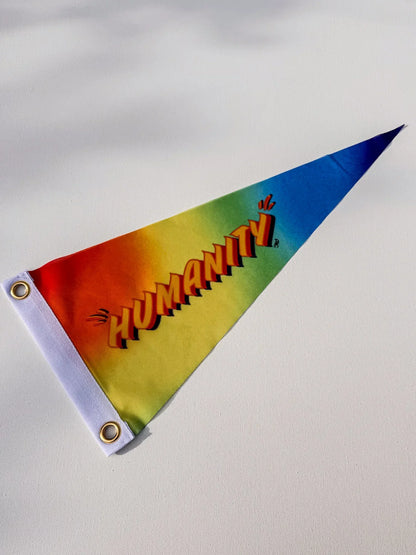 Colourful triangular pennant flag with 'Humanity' text on a light gray background - design and copyright by Stoofy. 