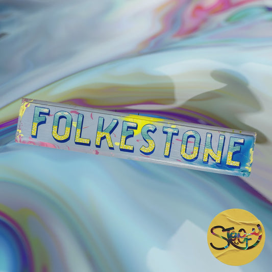 Animated video of Stoofy's hand-painted "Folkestone" wooden sign in vibrant colours – a bold tribute to the Kent coast. Original wall art with vintage charm and character. Contemporary art for maximalist interiors by UK artist, Stoofy.