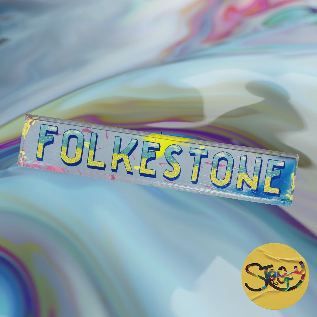 Animated video of Stoofy's hand-painted "Folkestone" wooden sign in vibrant colours – a bold tribute to the Kent coast. Original wall art with vintage charm and character. Contemporary art for maximalist interiors by UK artist, Stoofy.