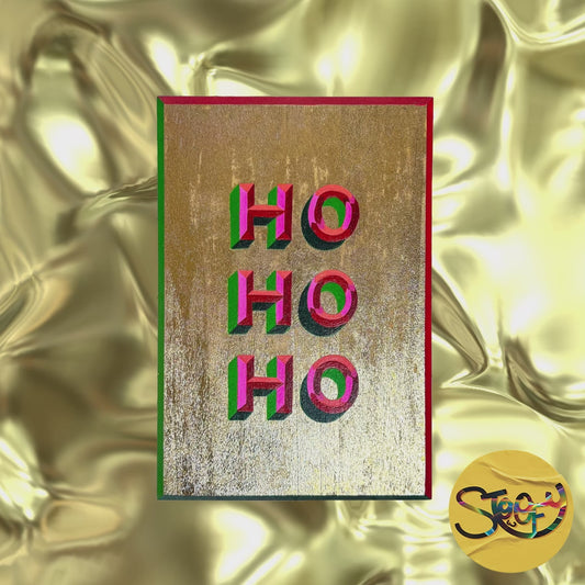 Video of Stoofy's hand-painted “HO HO HO” Christmas sign with bold festive colours, shiny gold metal leaf and gloss finish. Bevelled sign-writing.