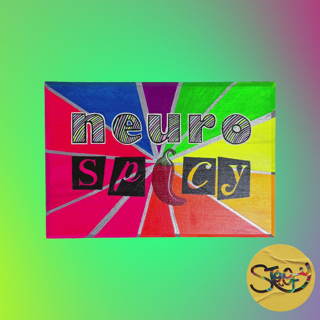 Animated video of Stoofy's Neuro Spicy hand-painted original artwork with pastel lettering and silver accents on a vibrant rainbow background, hand-painted with a glossy finish. Limited edition, original contemporary, maximalist art by UK artist, Stoofy.