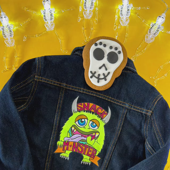 Video of stop motion for Stoofy's hand-painted Snack Monster toddler's jacket. Designed and painted by UK artist, Stoofy. One of one, limited edition. design and copyright owned by Stoofy