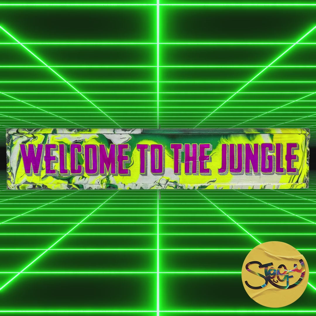 Video of Stoofy's hand-painted Guns n' Roses music inspired, ‘Welcome to the Jungle’ sign with green background, animal print, and bold lettering, finished in gloss. Maximalist, contemporary art home décor for music lovers and bold statement makers.