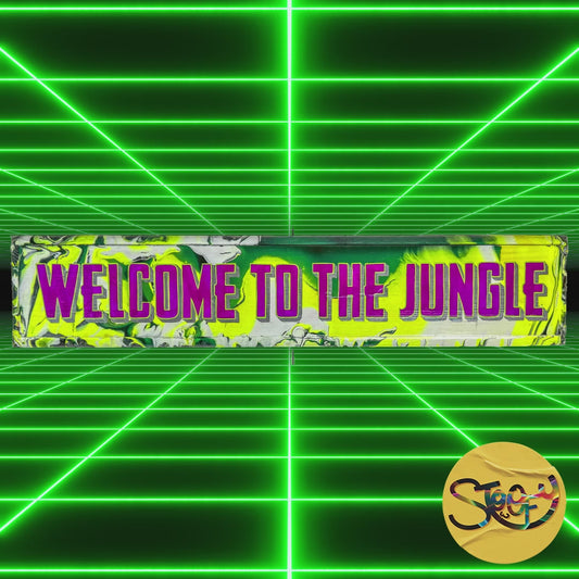 Video of Stoofy's hand-painted Guns n' Roses music inspired, ‘Welcome to the Jungle’ sign with green background, animal print, and bold lettering, finished in gloss. Maximalist, contemporary art home décor for music lovers and bold statement makers.