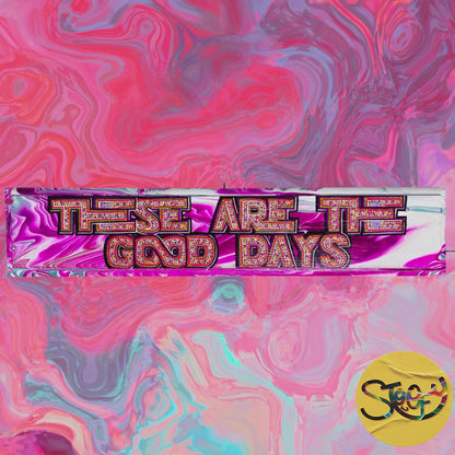 Video of Stoofy's  hand-painted motivational sign that reads “These Are the Good Days,” featuring warm pastel tones and textured dot detailing. Ideal for gallery walls, home offices, and colourful living spaces by artist, Stoofy. Human-made, contemporary art that matches your personality over your sofa.