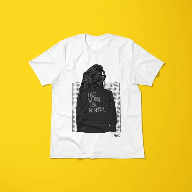 "First We Ride... Then We Whisky" Unisex White T-Shirt - STOOFY