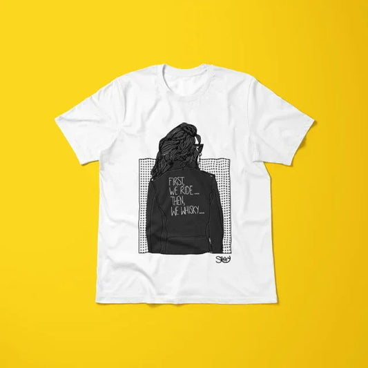 "First We Ride... Then We Whisky" Unisex White T-Shirt - STOOFY