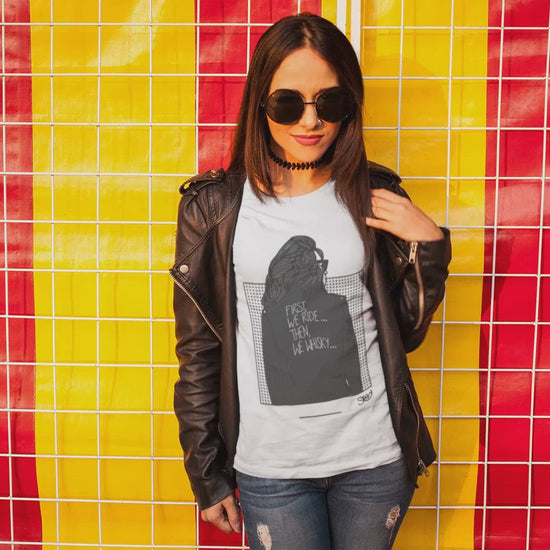 Mock up video of Stoofy's First We Ride... Then We Whisky design on heavy cotton comfortable unisex tshirt. Perfect for bikers and whisky whiskey lovers